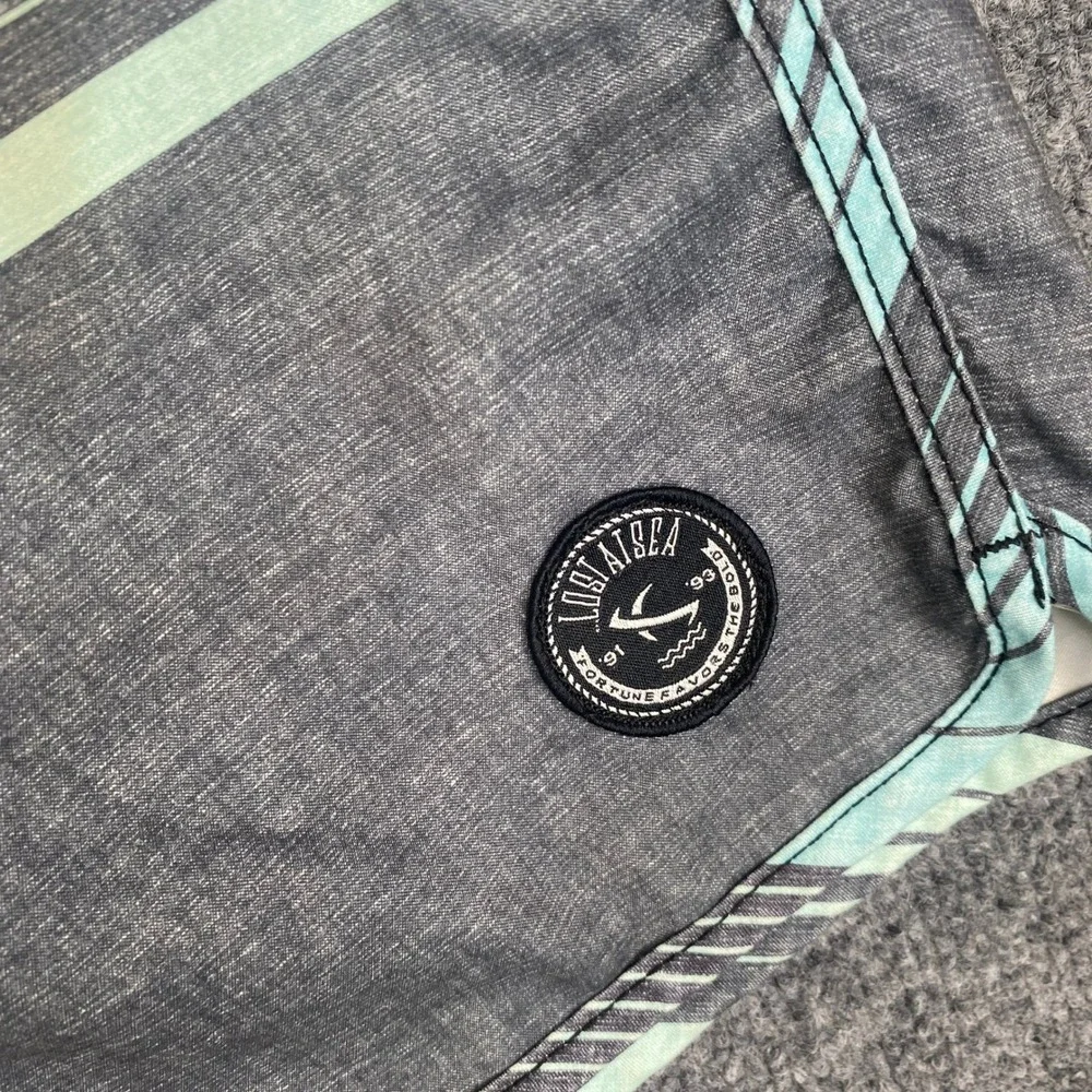 Lost Enterprises Mens Board Shorts Grey Teal Striped Lost At Sea Swim VTG